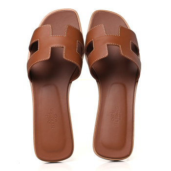 HERMES Box Calfskin Oran Sandals 37 Gold