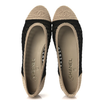 CHANEL Raffia Cap Toe Ballerina Flats 38 Black Beige