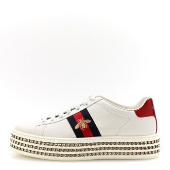GUCCI Calfskin Crystal Web Bee Embroidered Womens Ace Platform Sneakers 37.5 White
