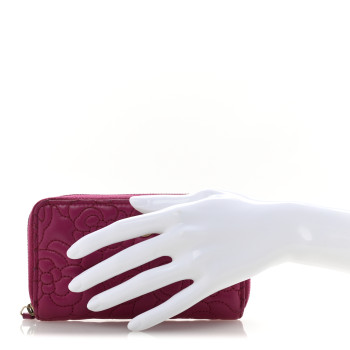 CHANEL Lambskin Camellia Embossed Small Zip Around Wallet Dark Pink
