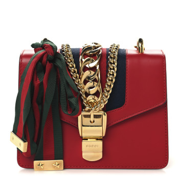 GUCCI Calfskin Mini Sylvie Chain Shoulder Bag Hibiscus Red