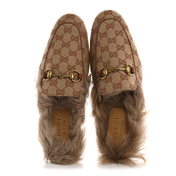 GUCCI GG Monogram Fur Mens Princetown Slippers 7.5 Beige Ruggine Rust