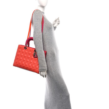 CHRISTIAN DIOR Lambskin Cannage Large Bi-Color Lady Dior Orange Fuchsia