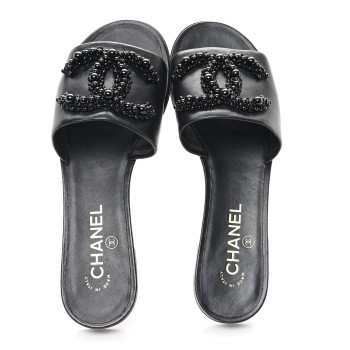 CHANEL Lambskin Beaded CC Mules 38 Black