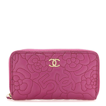 CHANEL Lambskin Camellia Embossed Small Zip Around Wallet Dark Pink