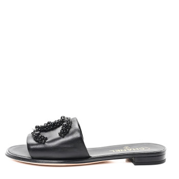 CHANEL Lambskin Beaded CC Mules 38 Black