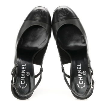 CHANEL Lambskin Cap Toe CC Slingback Heels 39.5 Dark Grey Black
