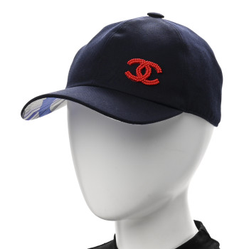 CHANEL Cotton Beaded CC Cap Hat Navy Blue
