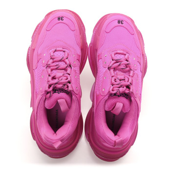 BALENCIAGA Fabric Mesh Clear Sole Fluo Womens Triple S Sneakers 38 Pink
