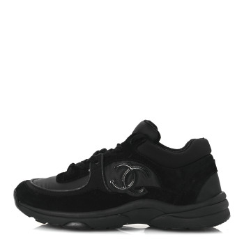 CHANEL Fabric Calfskin Suede CC Sneakers 38.5 Black