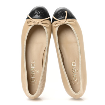 CHANEL Lambskin Cap Toe CC Ballerina Flats 38.5 Beige Black