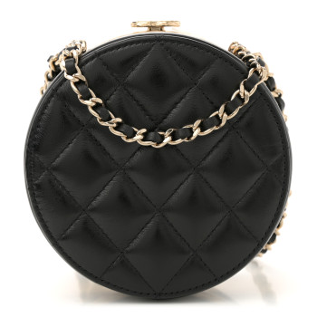 CHANEL Metal Lambskin Quilted Round Lock Frame Vanity Clutch With Chain Black