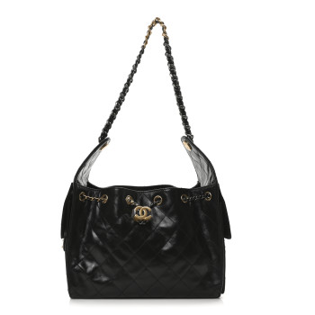 CHANEL Shiny Crumpled Calfskin Quilted Small Chanel 25 Handbag Black