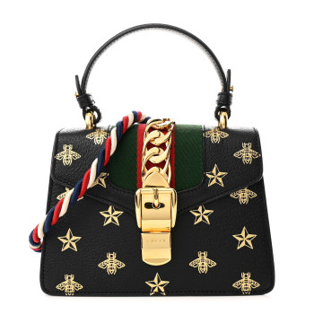 GUCCI Textured Calfskin Bee Star Print Mini Sylvie Top Handle Bag Black