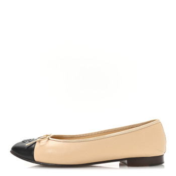 CHANEL Lambskin Cap Toe CC Ballerina Flats 39.5 Beige Black