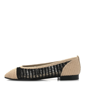 CHANEL Raffia Cap Toe Ballerina Flats 38 Black Beige