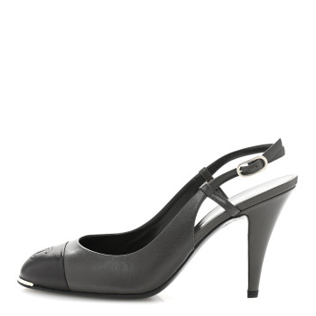 CHANEL Lambskin Cap Toe CC Slingback Heels 39.5 Dark Grey Black
