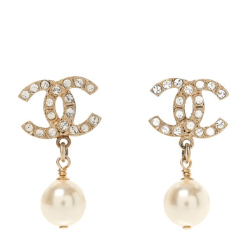 CHANEL Crystal Pearl CC Drop Earrings Gold