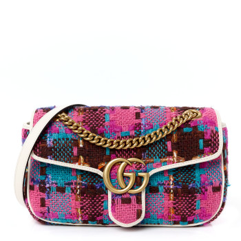 GUCCI Tweed Calfskin Spicy Check Small GG Marmont Shoulder Bag Pink Multicolor Mystic White