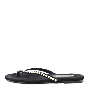 CHANEL Suede Pearl Strass CC Thong Sandals 35.5 Black