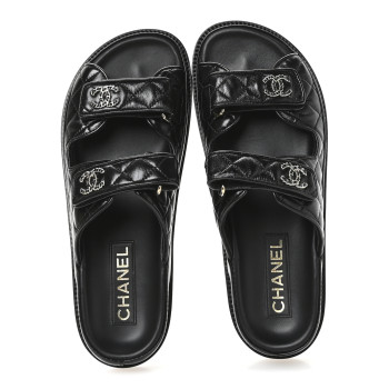CHANEL Lambskin Quilted Velcro Dad Chain CC Slide Sandals 39 Black