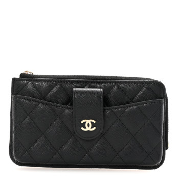 CHANEL Caviar Quilted Phone Holder Zip Clutch Black