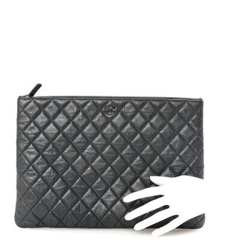 CHANEL Aged Calfskin Quilted Large Tassel Cosmetic Case Dark Grey