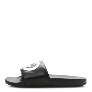 GUCCI Nappa Miro Soft Calfskin Womens Interlocking G Slide Sandals 38 Black White