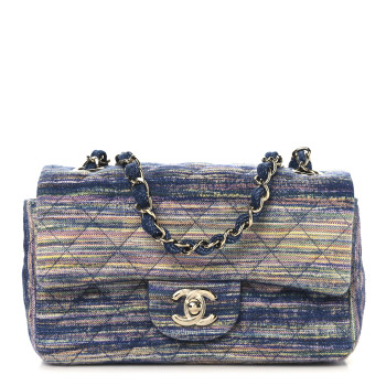 CHANEL Striated Denim Quilted Classics in Fabrics Mini Rectangular Flap Navy Yellow Purple Green Multicolor