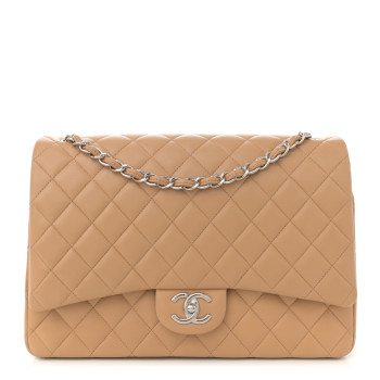 CHANEL Lambskin Quilted Maxi Double Flap Beige