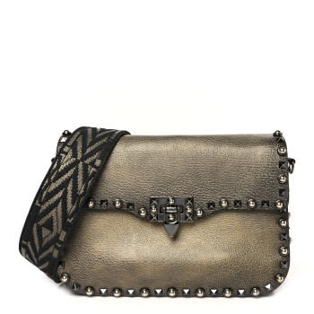 VALENTINO GARAVANI Metallic Grained Calfskin Onyx Medium Guitar Strap Rockstud Rolling Flap Saddle Bag Gold