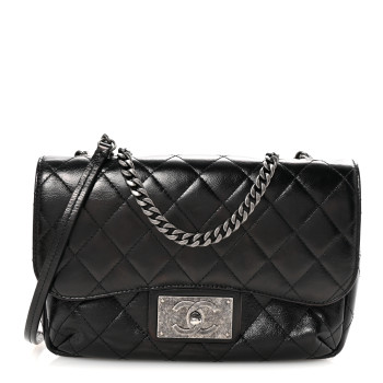 CHANEL Shiny Goatskin Quilted Medium Flap Black
