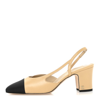 CHANEL Goatskin Grosgrain Cap Toe CC Slingback Pumps 39 Beige Black