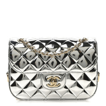 CHANEL Mirror Calfskin Metallic Calfskin Quilted Hollywood Boulevard Mini Flap With Star Coin Purse Silver
