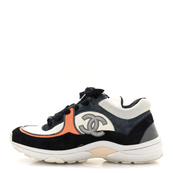 CHANEL Nylon Calfskin Suede CC Womens Sneakers 35.5 Navy White Orange