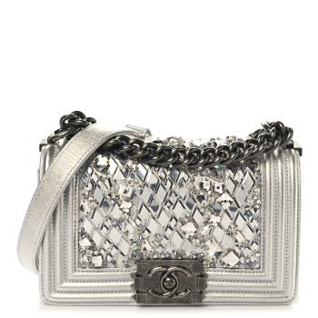 CHANEL Metallic Calfskin Crystal Embroidered Small Boy Flap Silver
