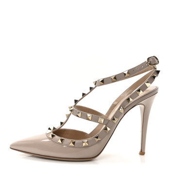 VALENTINO GARAVANI Patent Nappa Rockstud Ankle Strap 100mm Pumps 40 Poudre