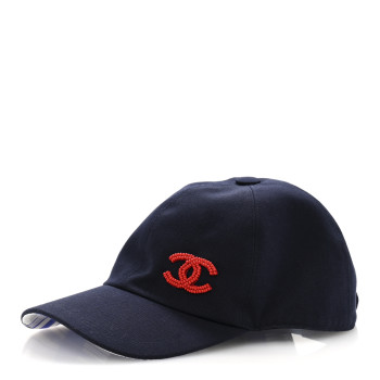 CHANEL Cotton Beaded CC Cap Hat Navy Blue