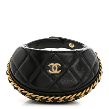 CHANEL Shiny Crumpled Lambskin Quilted Chain Around Mini Pouch Black