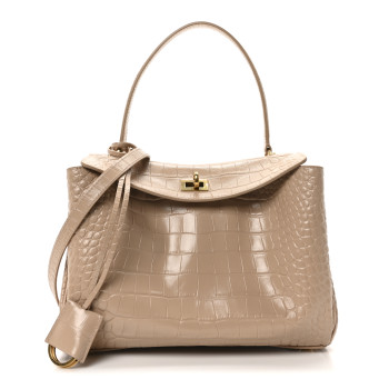 BALENCIAGA Shiny Calfskin Crocodile Embossed Small Rodeo Top Handle Handbag Nude