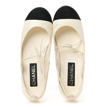 CHANEL Lambskin Grosgrain Mary Jane Flats 39.5 Ivory Black