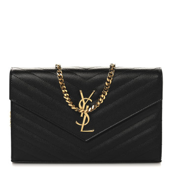 SAINT LAURENT Grain De Poudre Matelasse Chevron Monogram Chain Wallet Black