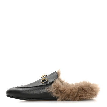 GUCCI Calfskin Fur Womens Princetown Slippers 36 Black