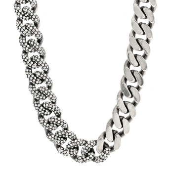 SAINT LAURENT Crystal Curb Chain Necklace Oxidized Silver