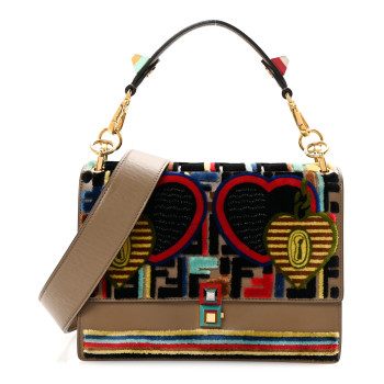 FENDI Vitello Liberty Velvet FF 1974 Hearts Padlock Embroidered Kan I Shoulder Bag Fango Multicolor