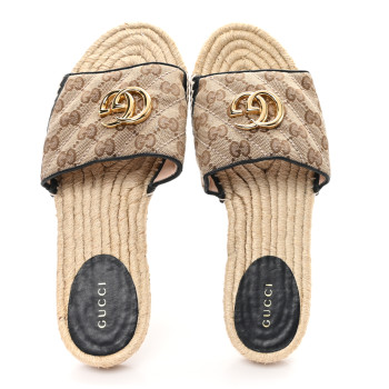 GUCCI Monogram Matelasse GG Marmont Espadrille 20mm Slide Sandals 38 Beige Ebony Black