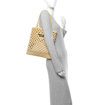 PRADA Yarn Raffia Effect Embroidered Logo Tote Naturale