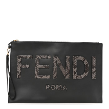 FENDI Vitello King Luxor Elaphe Snakeskin Print Logo Medium Flat Pouch Anthracite Asphalt