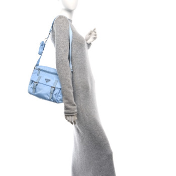 PRADA Re-Nylon Vela Saffiano Pocket Double Buckle Messenger Shoulder Bag Celeste