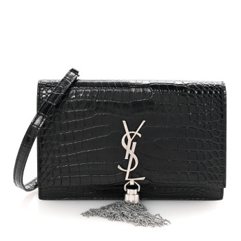 SAINT LAURENT Calfskin Crocodile Embossed Kate Monogram Tassel Chain Wallet Black